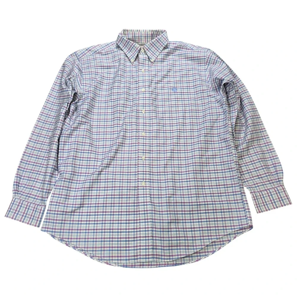 Brooks Brothers Non-Iron Check Shirt Mens Size L Blue Purple White Supima Cotton